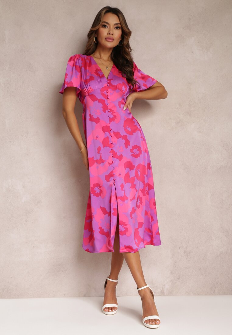 retro & icone Rochie violet evazată cu nasturi florală melanj