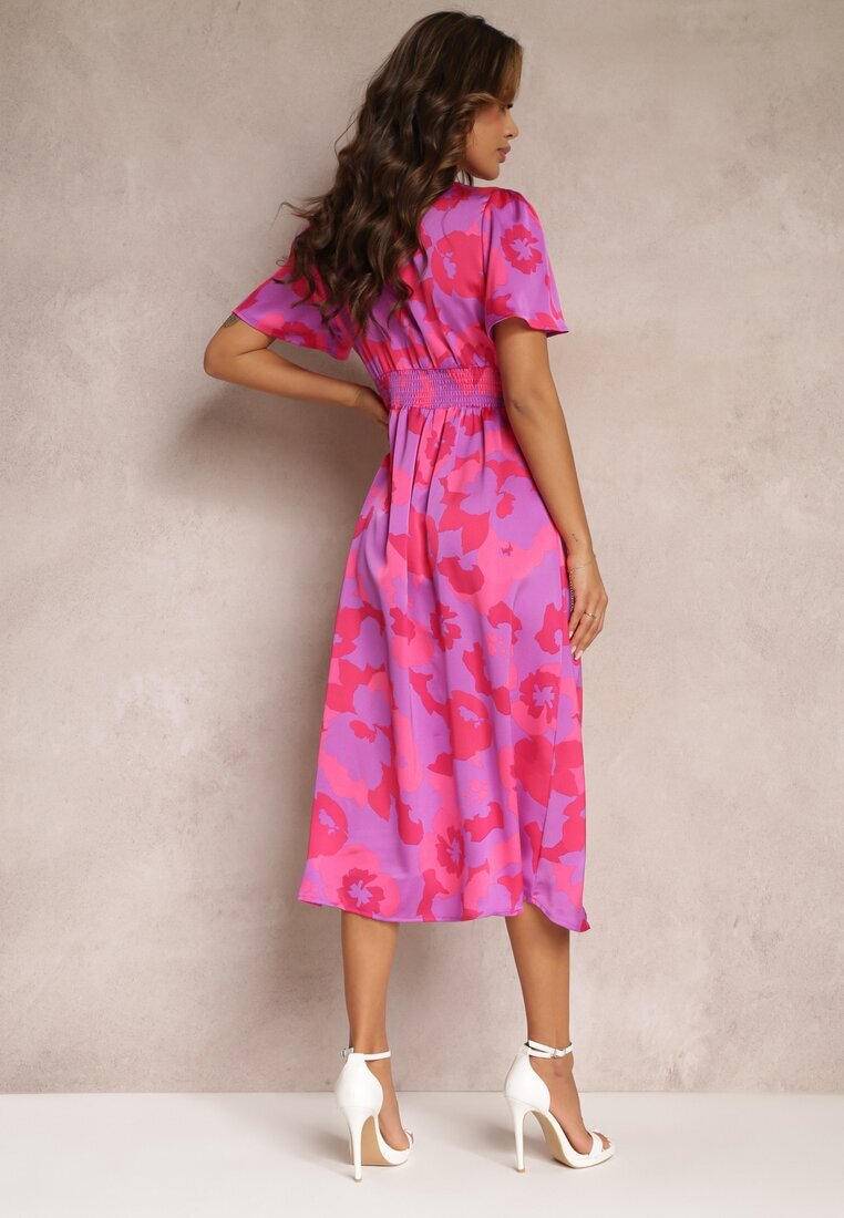 retro & icone Rochie violet evazată cu nasturi florală melanj