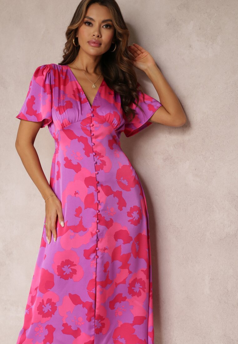 retro & icone Rochie violet evazată cu nasturi florală melanj