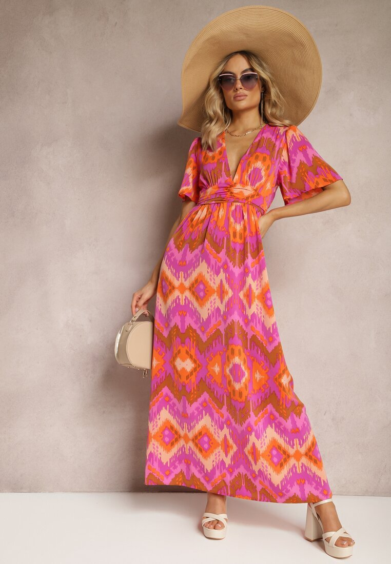 retro & icone Rochie Violet-Portocalie Cloș cu Decolteu în V Natica