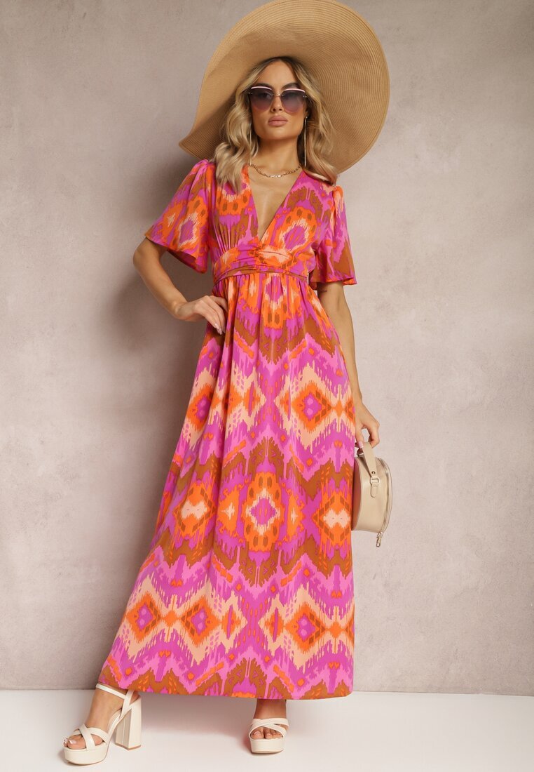 retro & icone Rochie Violet-Portocalie Cloș cu Decolteu în V Natica