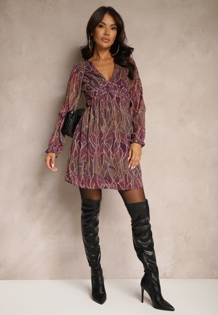 retro & icone Rochie Violetă din Material Transparent cu Croială Cloș cu Volane Evadira