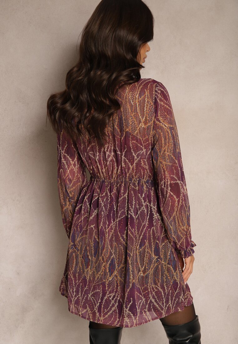 retro & icone Rochie Violetă din Material Transparent cu Croială Cloș cu Volane Evadira