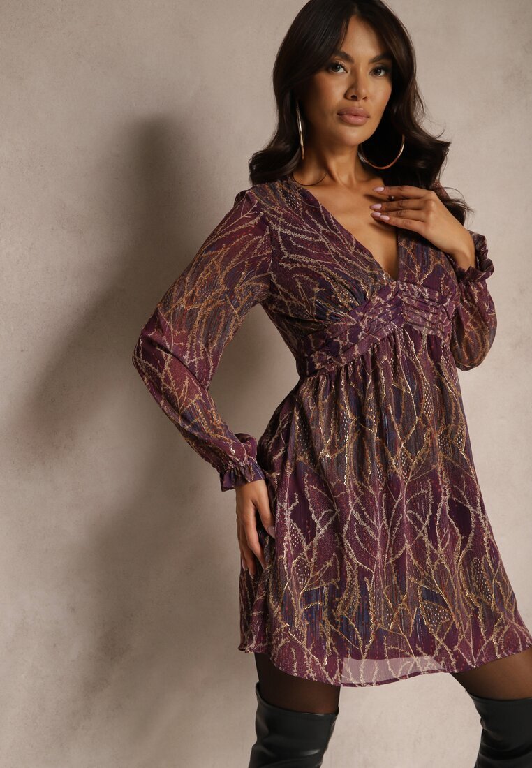 retro & icone Rochie Violetă din Material Transparent cu Croială Cloș cu Volane Evadira
