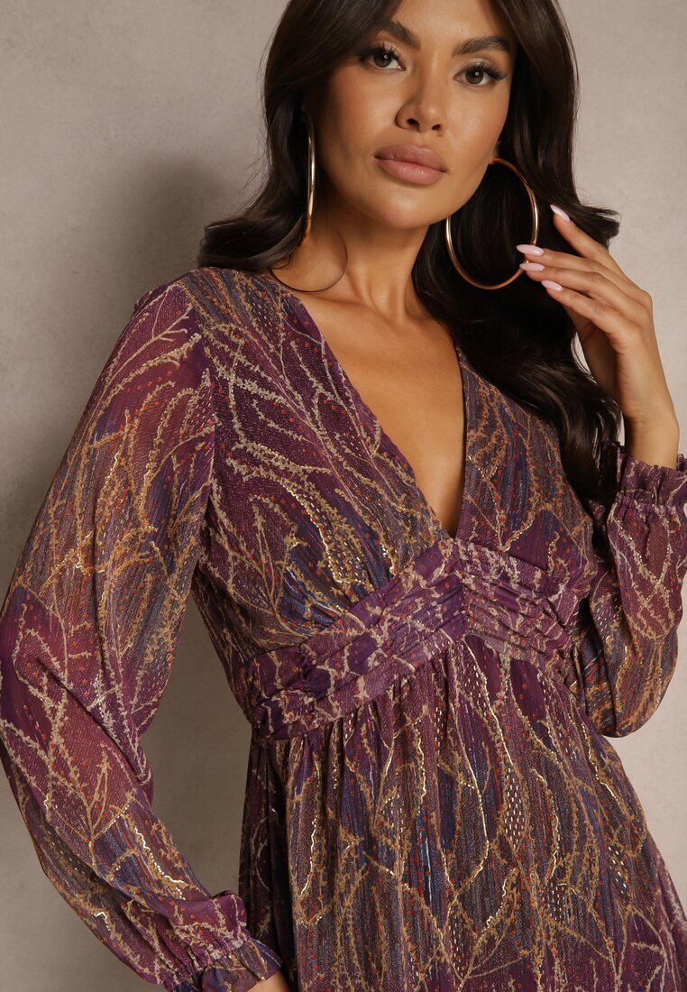 retro & icone Rochie Violetă din Material Transparent cu Croială Cloș cu Volane Evadira