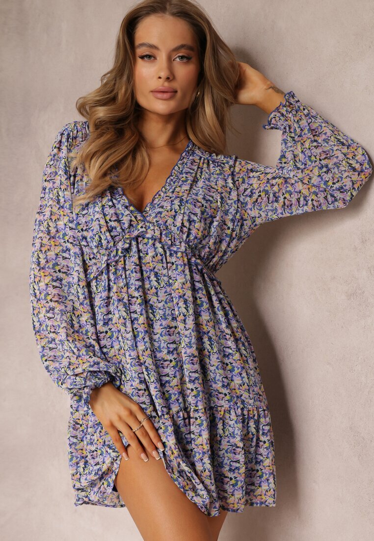 retro & icone Rochie Violetă Evazată Mini Florală cu elastic în talie Antonette