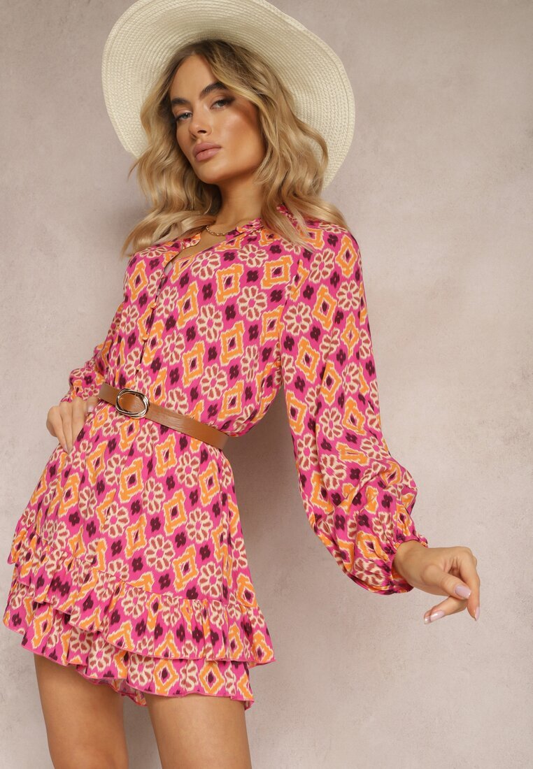 retro & icone Salopetă Fucsia-Portocalie cu croială scurtă cu elastic în talie cu imprimeu mozaic din viscoză Glimmeria