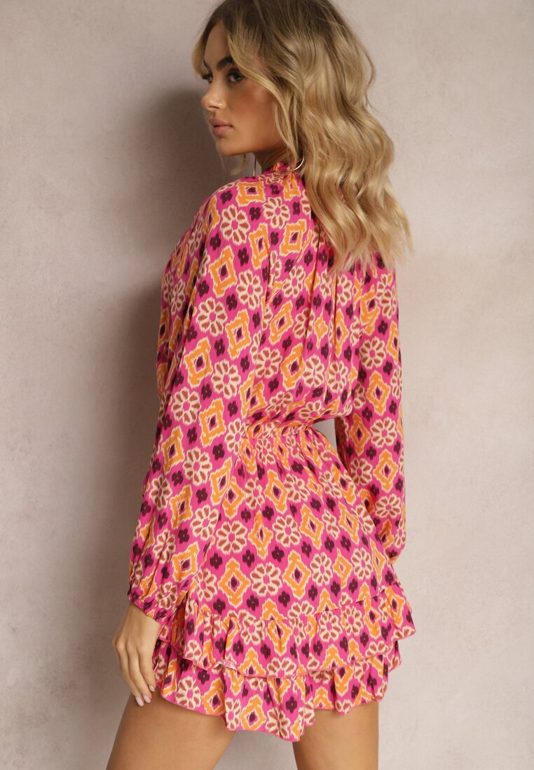 retro & icone Salopetă Fucsia-Portocalie cu croială scurtă cu elastic în talie cu imprimeu mozaic din viscoză Glimmeria