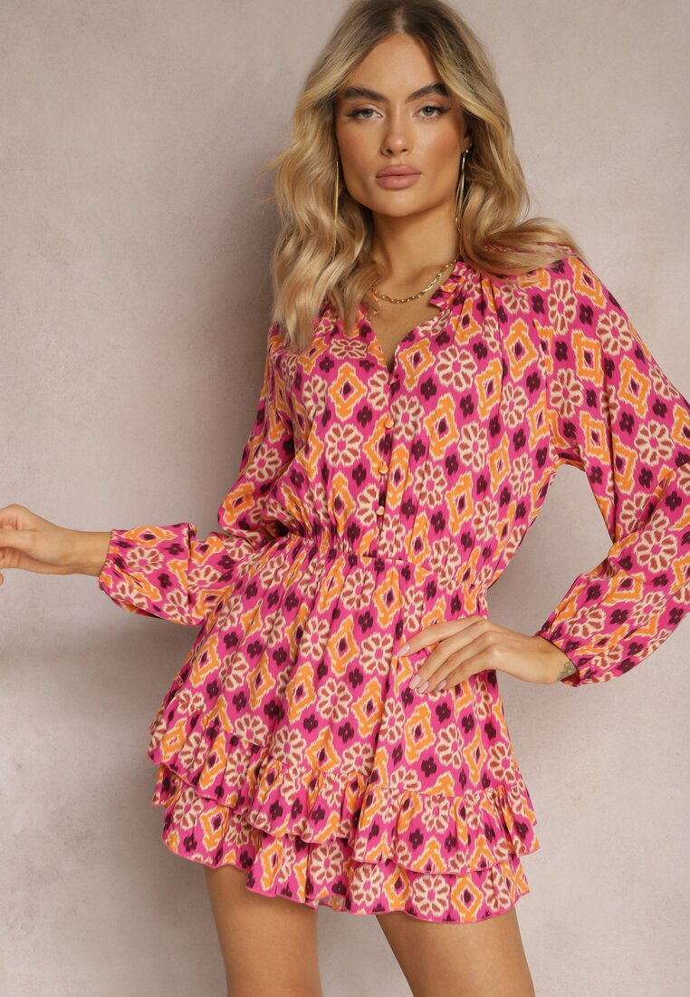 retro & icone Salopetă Fucsia-Portocalie cu croială scurtă cu elastic în talie cu imprimeu mozaic din viscoză Glimmeria