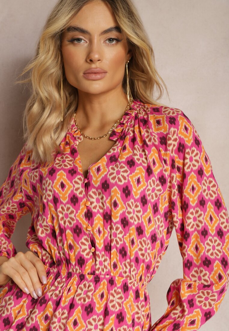 retro & icone Salopetă Fucsia-Portocalie cu croială scurtă cu elastic în talie cu imprimeu mozaic din viscoză Glimmeria