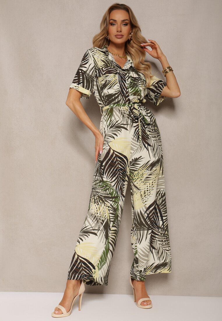retro & icone Salopetă Verde-bej cu mânecă scurtă cu elastic în talie și curea din material textil Efilove