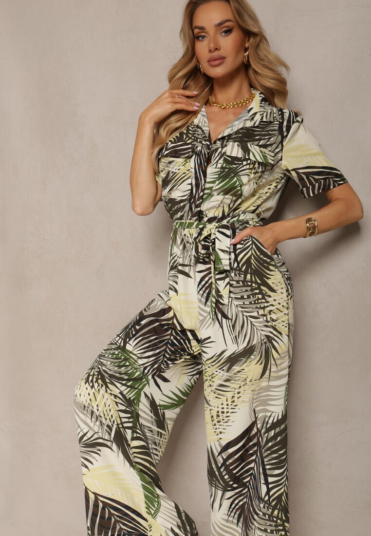 retro & icone Salopetă Verde-bej cu mânecă scurtă cu elastic în talie și curea din material textil Efilove