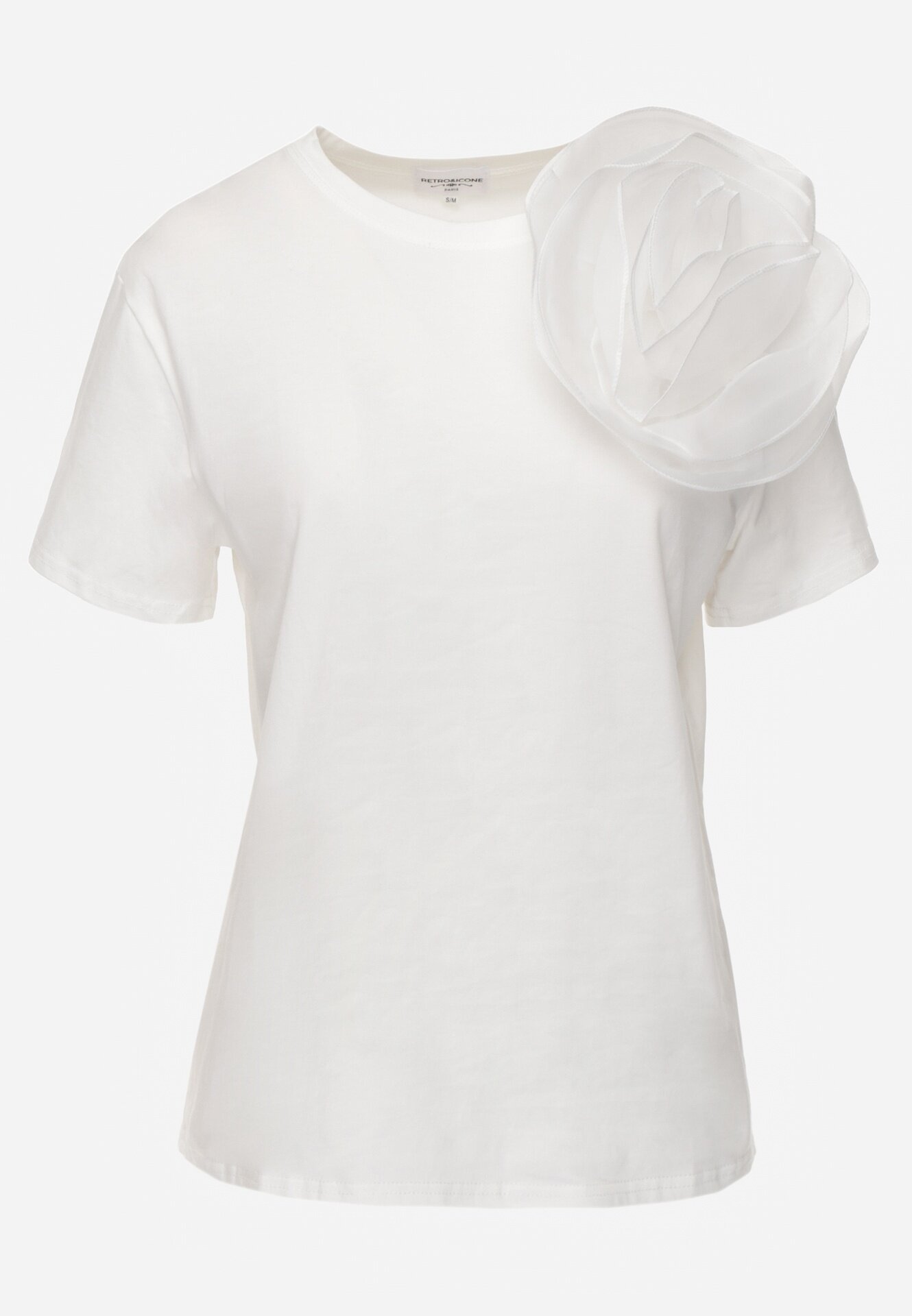 retro & icone Tricou de Bumbac Alb cu Mânecă Scurtă și Floare Decorativă Krissas