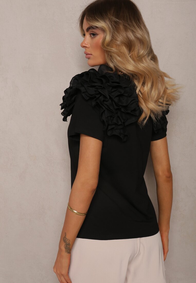 retro & icone Tricou negru din Bumbac Decorat cu Volane Voluminoase Kandrra