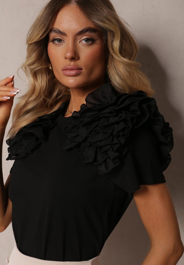 retro & icone Tricou negru din Bumbac Decorat cu Volane Voluminoase Kandrra