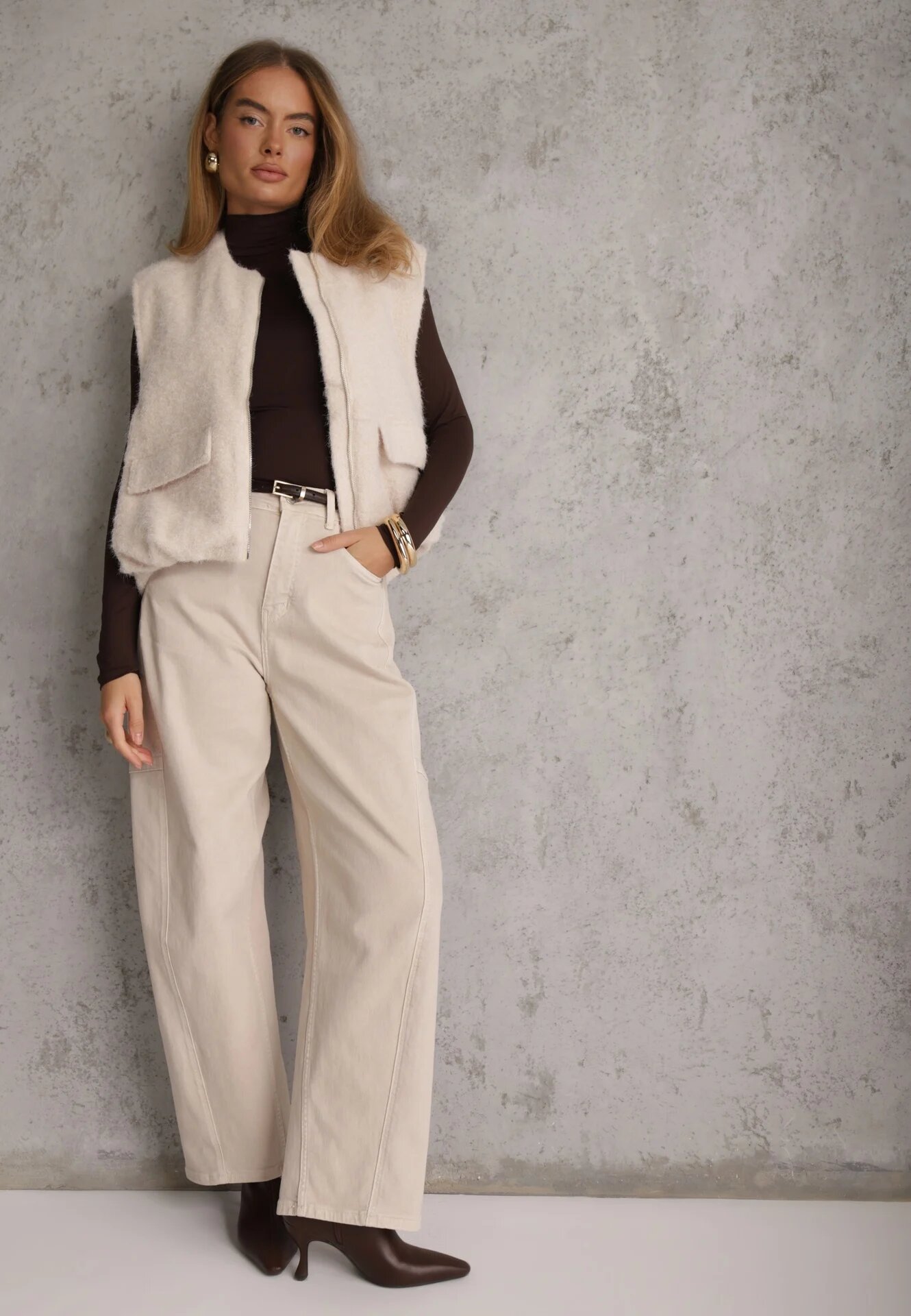 retro & icone Vestă Casual din tricot Boucle cu fermoar și buzunare Emasa Bej
