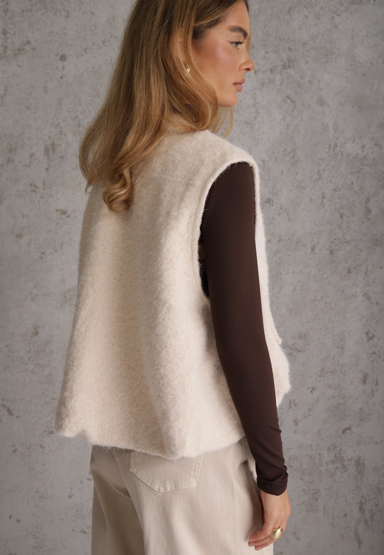 retro & icone Vestă Casual din tricot Boucle cu fermoar și buzunare Emasa Bej