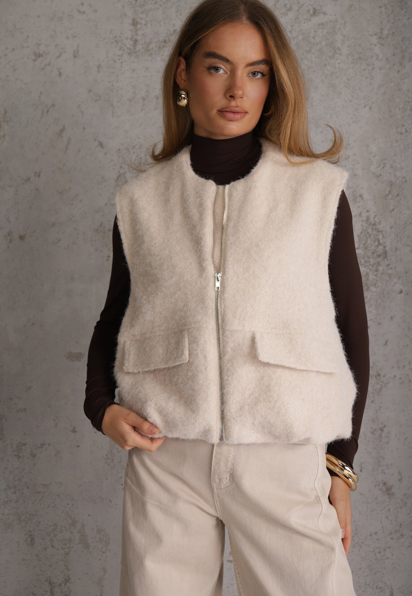 retro & icone Vestă Casual din tricot Boucle cu fermoar și buzunare Emasa Bej