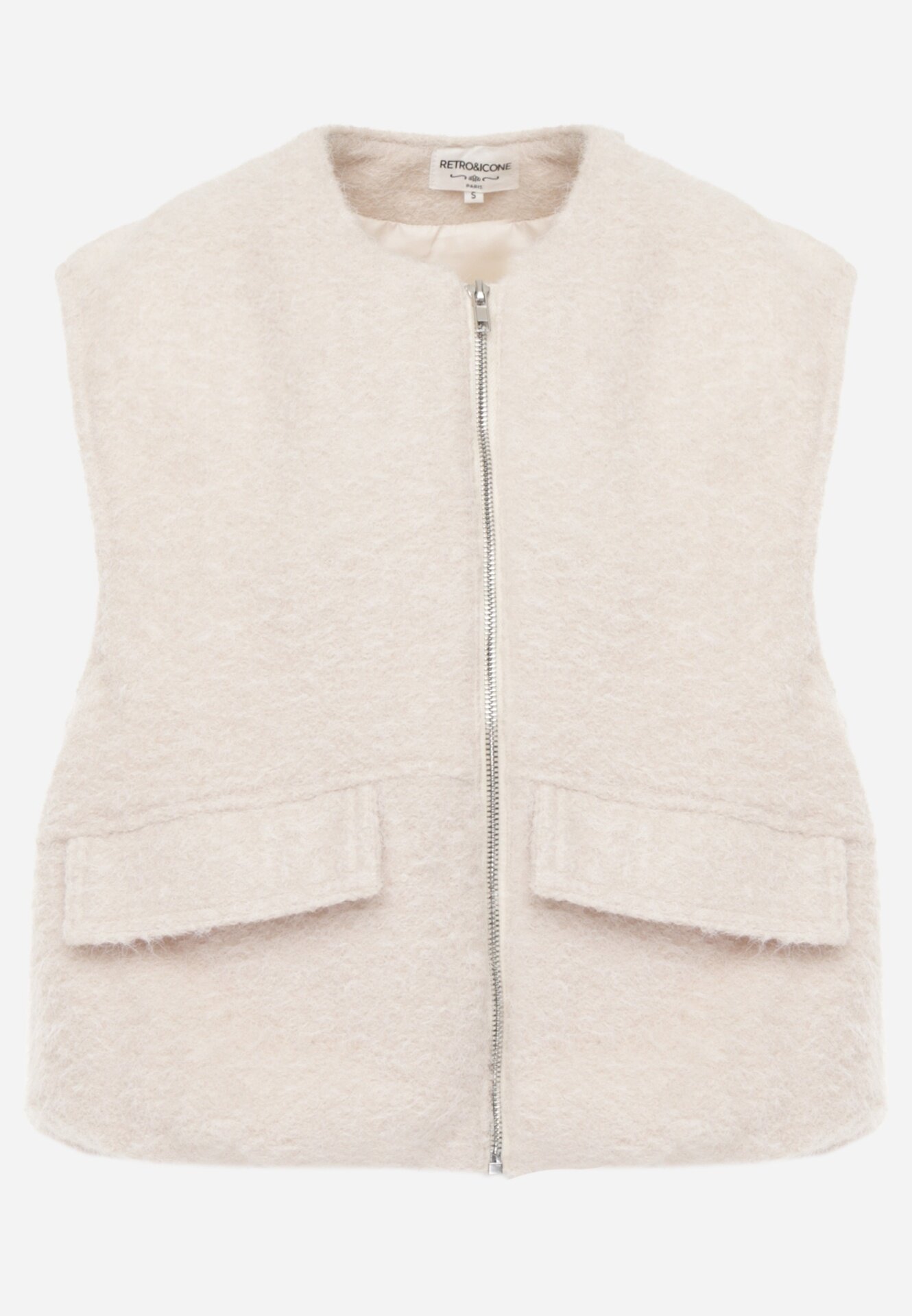 retro & icone Vestă Casual din tricot Boucle cu fermoar și buzunare Emasa Bej