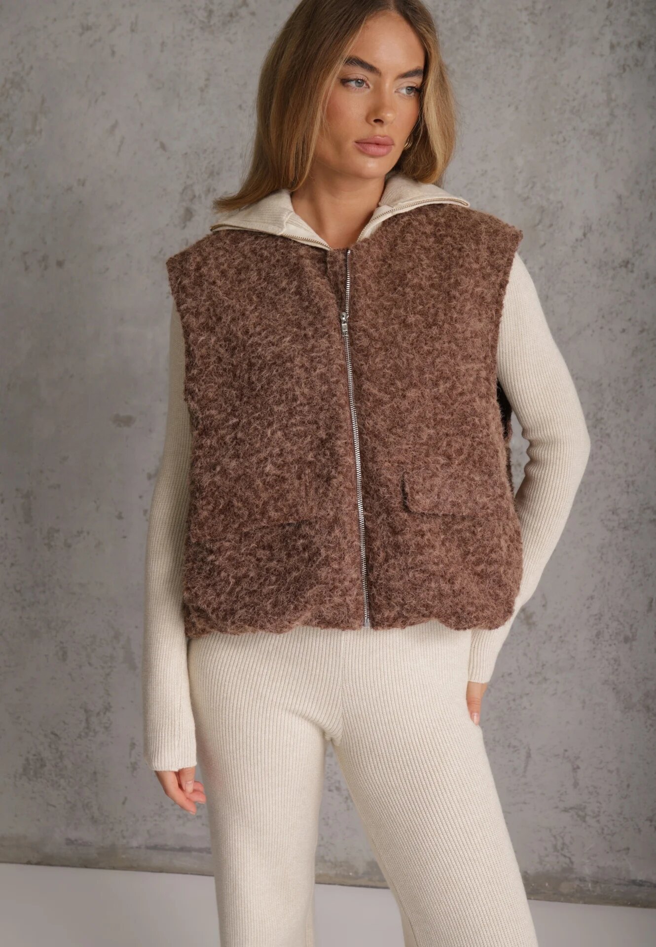 retro & icone Vestă Casual din tricot Boucle cu fermoar și buzunare Emasa Maro