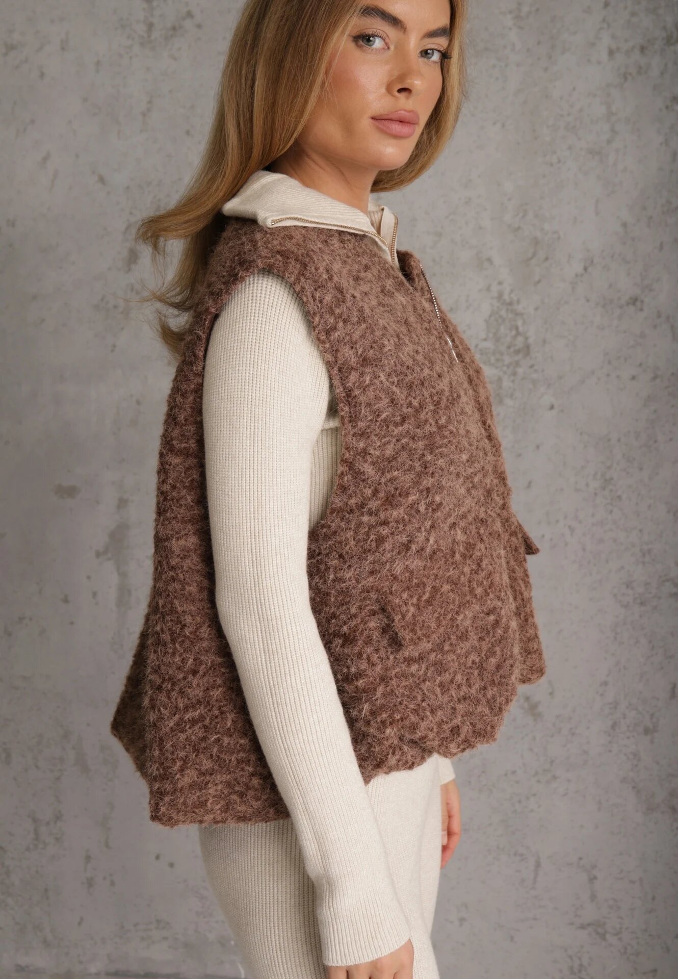 retro & icone Vestă Casual din tricot Boucle cu fermoar și buzunare Emasa Maro