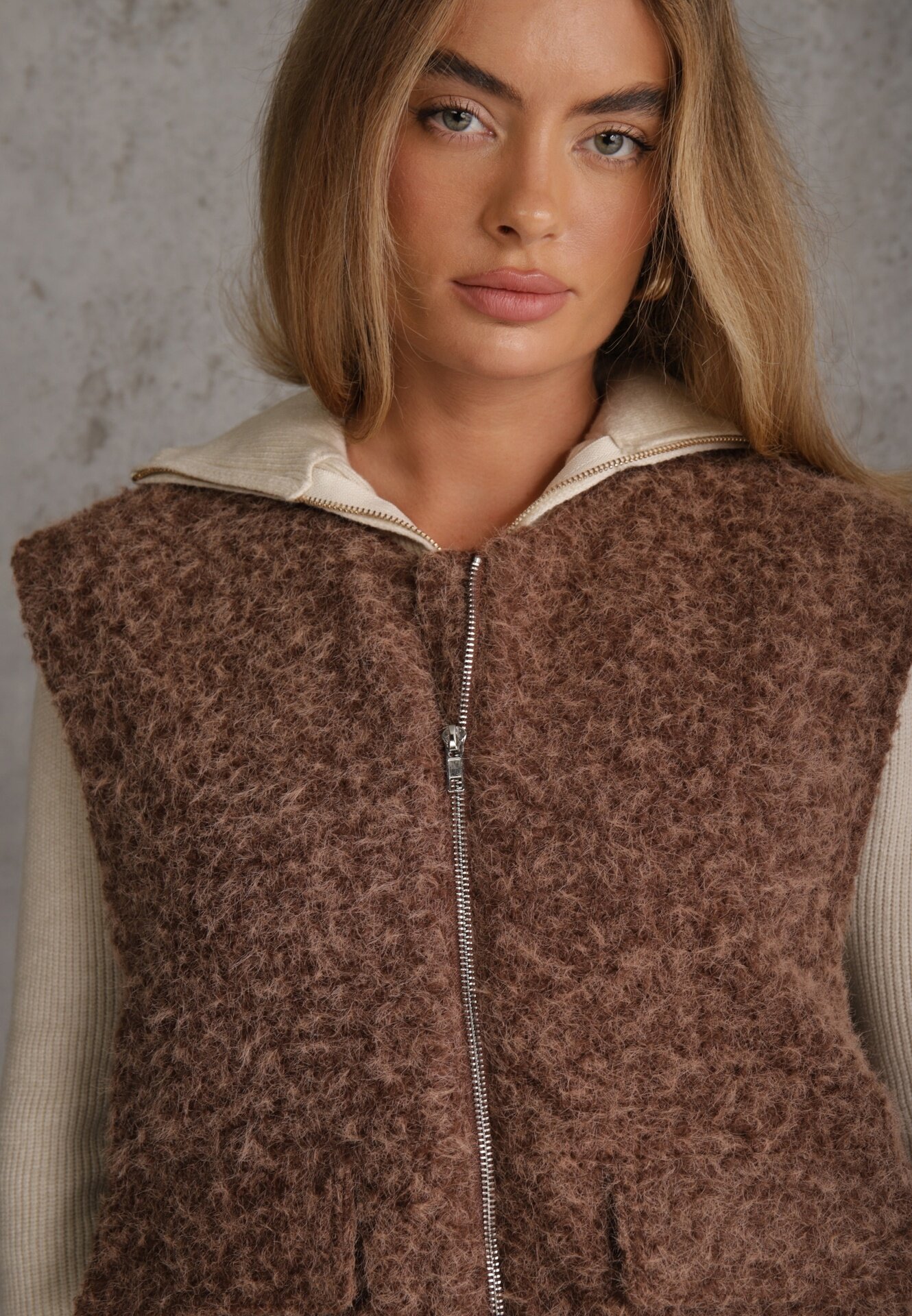 retro & icone Vestă Casual din tricot Boucle cu fermoar și buzunare Emasa Maro