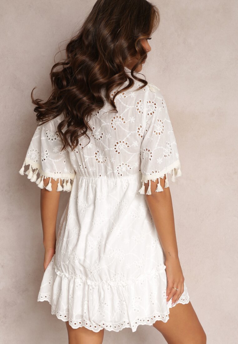 Rochie Albă din bumbac Boho cu broderie și șnururi Ladora