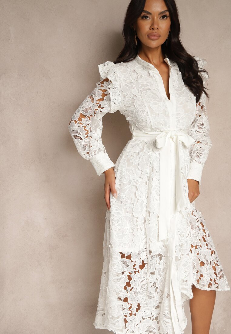 Rochie Albă Evazată cu croi tip cămașă cu volan și dantelă Caramia