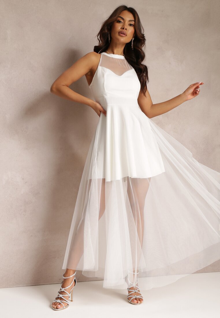 Rochie Albă Maxi din tul cu poală evazată și cupe întărite Jarissa