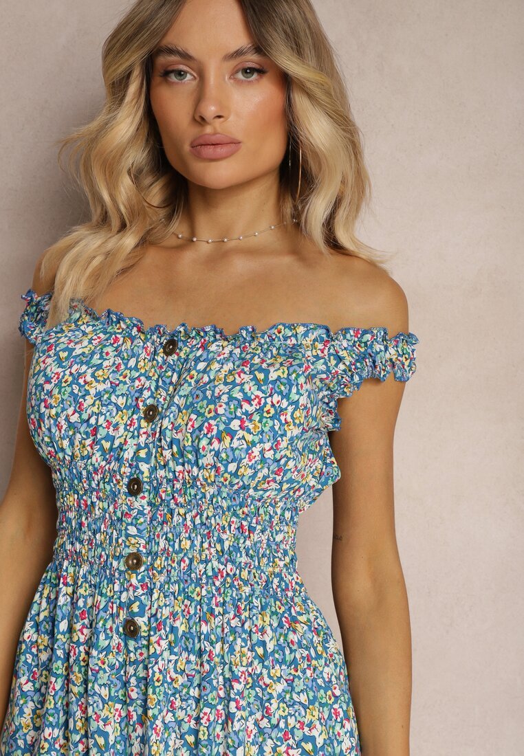  Rochie Albastră Cambrată din Bumbac cu Croială Evazată cu Elastic în Talie Nelyssa