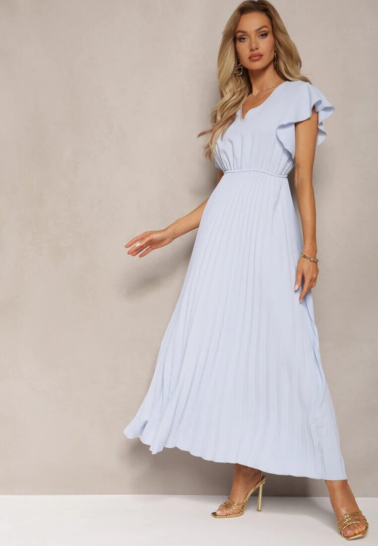  Rochie Albastru deschis Evazată cu Pliuri Maxi cu Volane la Umeri Nethula