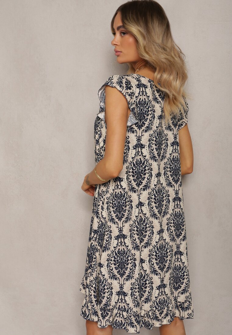  Rochie Bleumarin-Bej Boho din Bumbac cu bretele decorată cu volan Testalaya