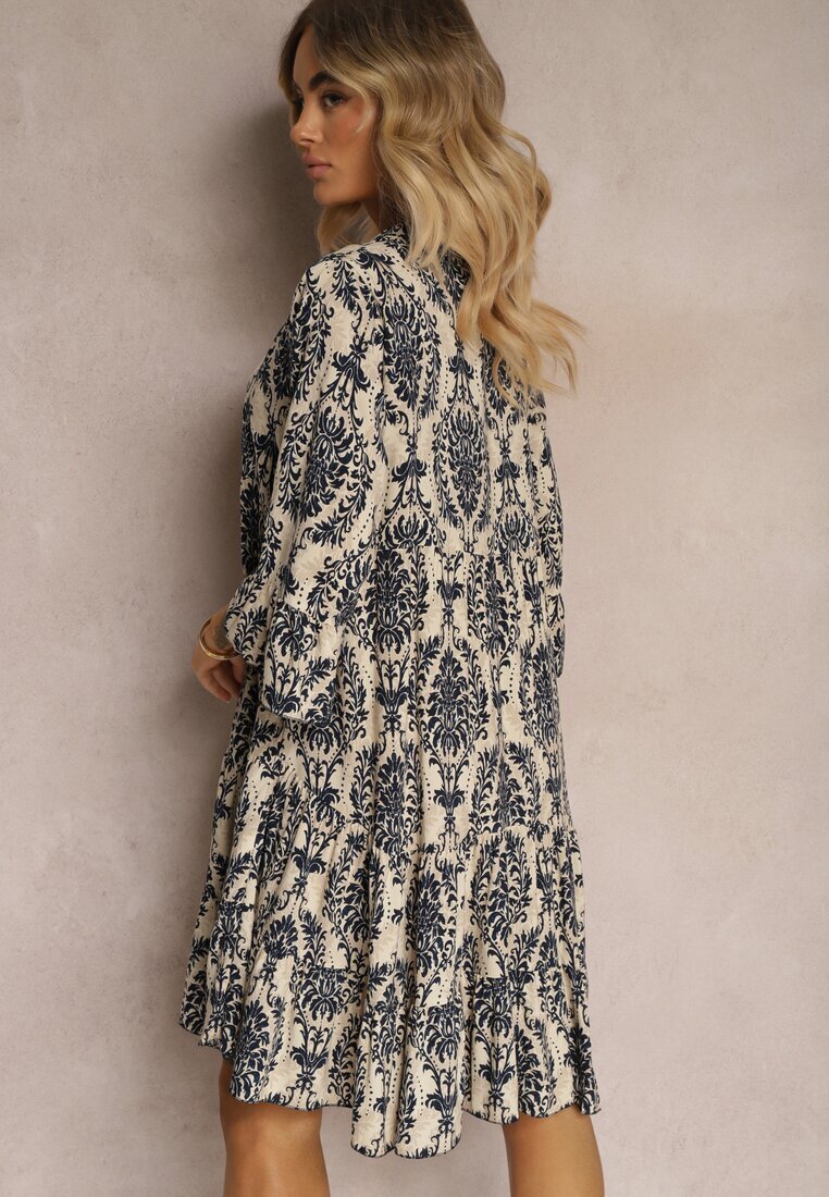  Rochie bleumarin-bej din bumbac cu croi evazat finisată cu volan Niloa