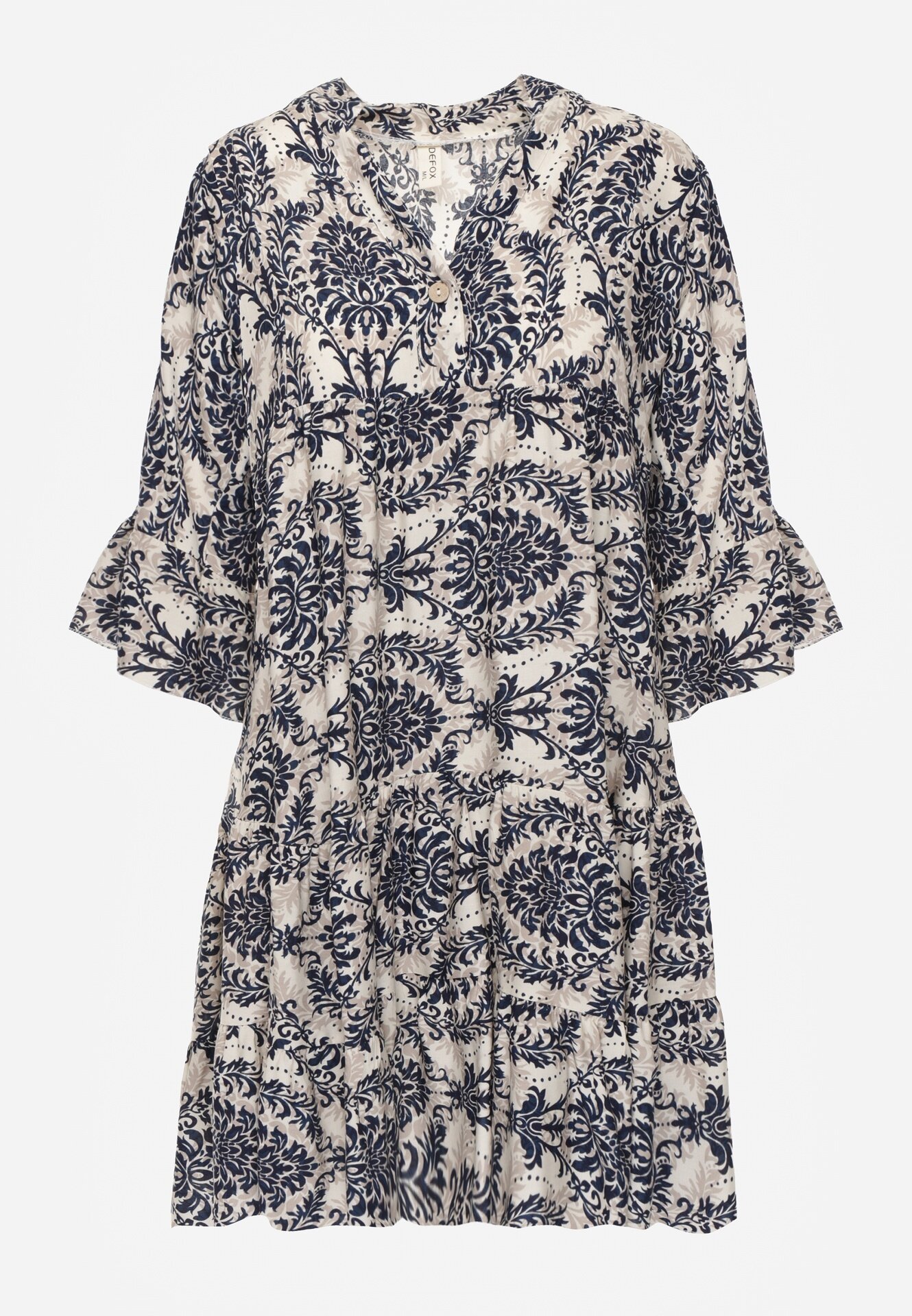  Rochie bleumarin-bej din bumbac cu croi evazat finisată cu volan Niloa