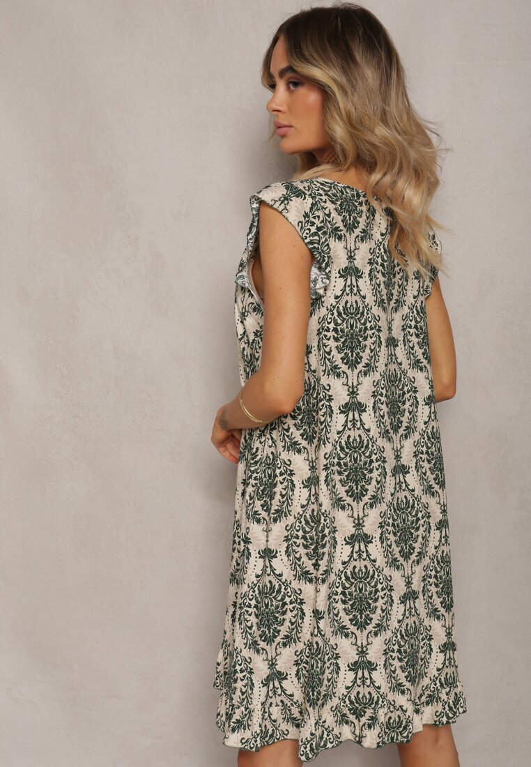  Rochie Boho Verde-Bej din Bumbac cu Bretele Decorată cu Volănaș Testalaya