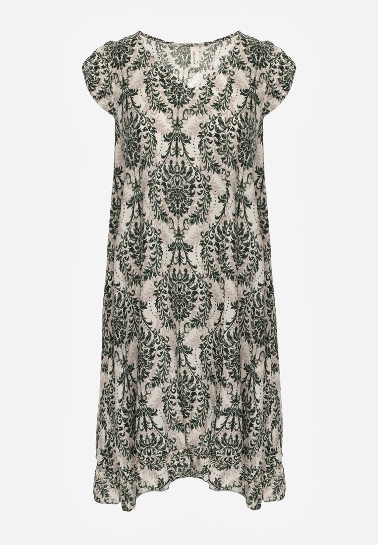  Rochie Boho Verde-Bej din Bumbac cu Bretele Decorată cu Volănaș Testalaya