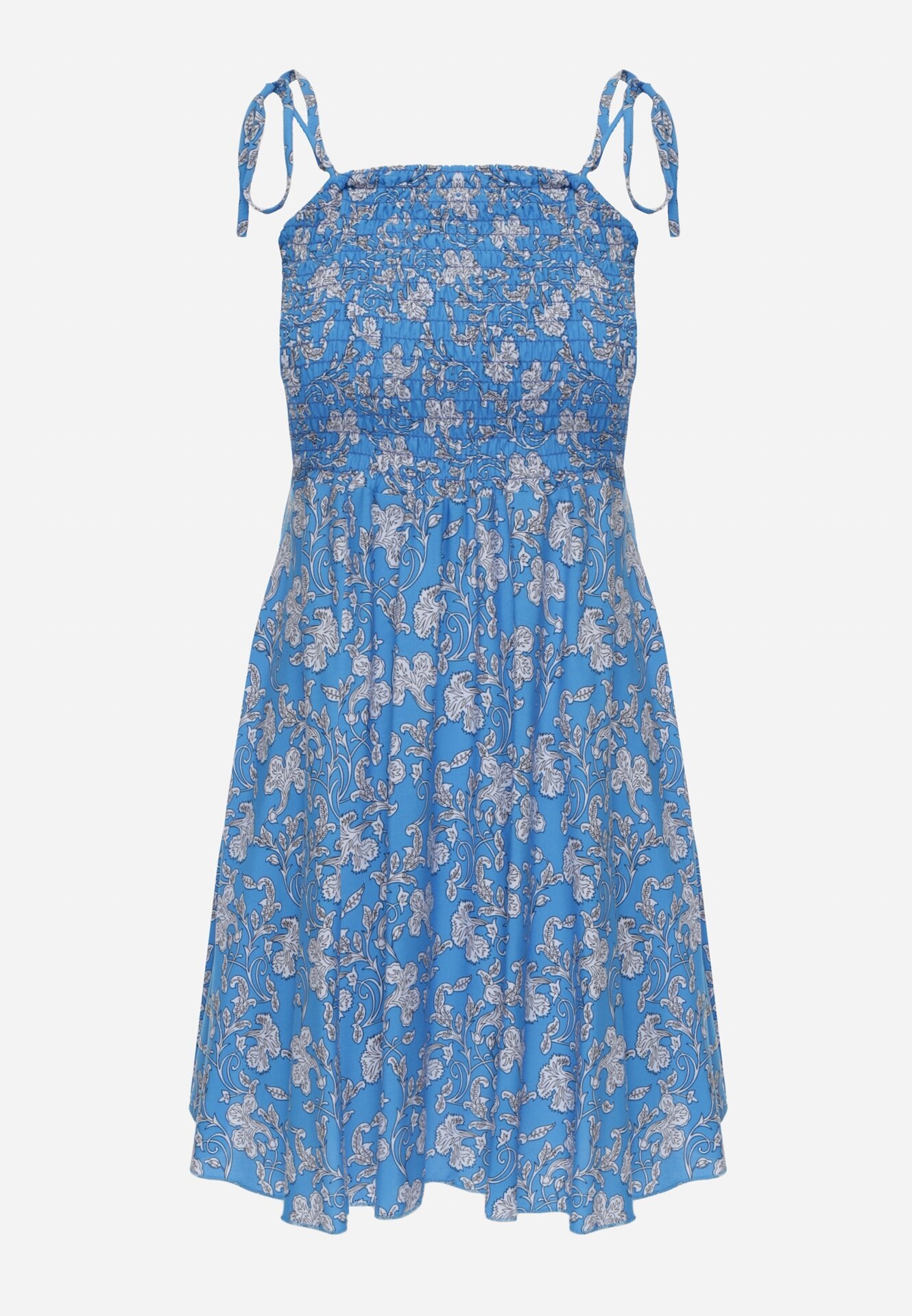  Rochie cambrată din bumbac albastră cu bretele decorată cu legătură la spate Nelorine