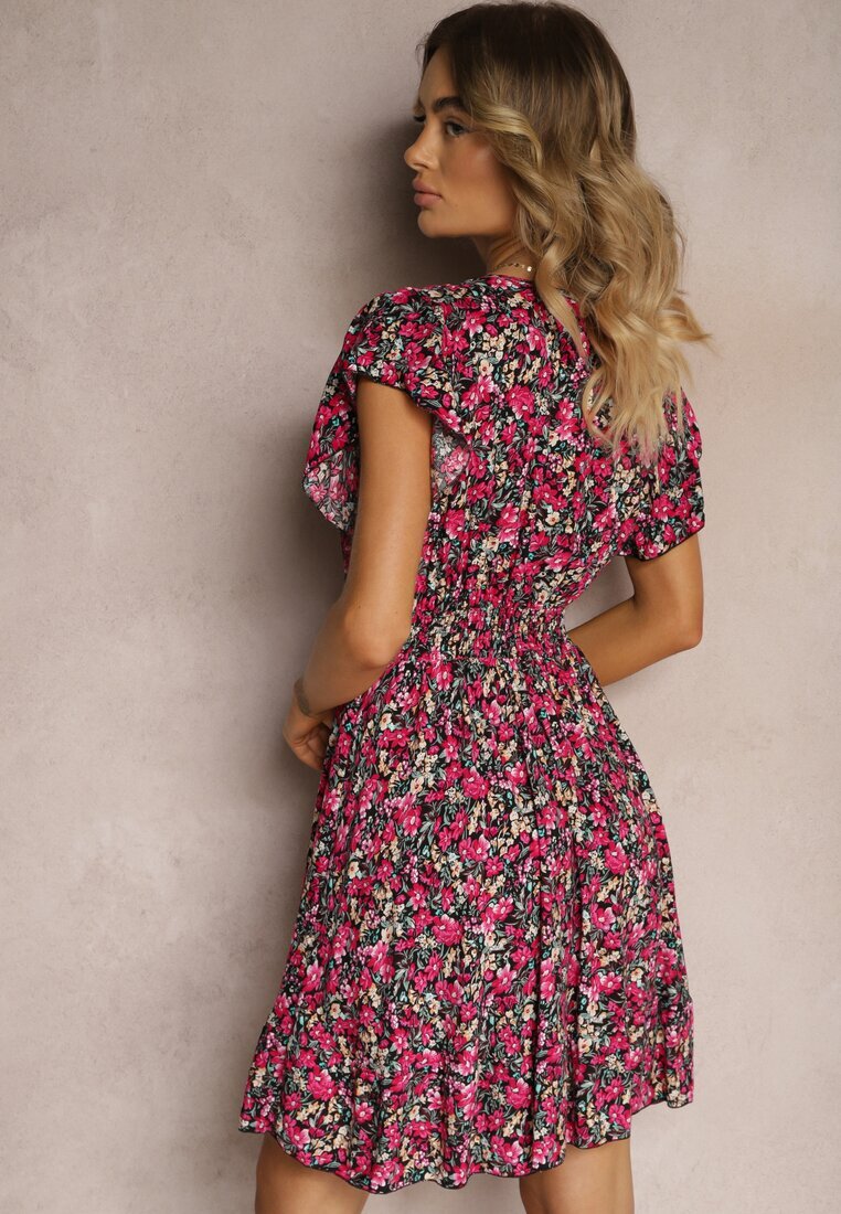  Rochie din bumbac cu flori mici decolteu cache-cœur și elastic în talie Calnea Neagră