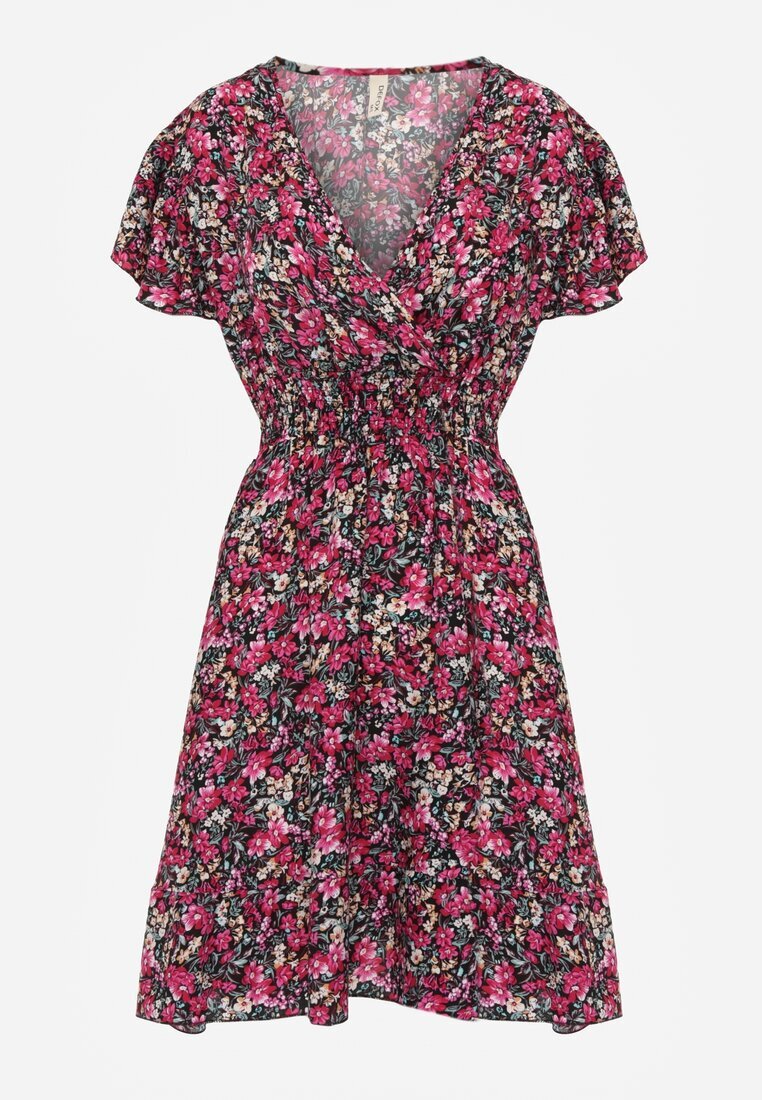  Rochie din bumbac cu flori mici decolteu cache-cœur și elastic în talie Calnea Neagră