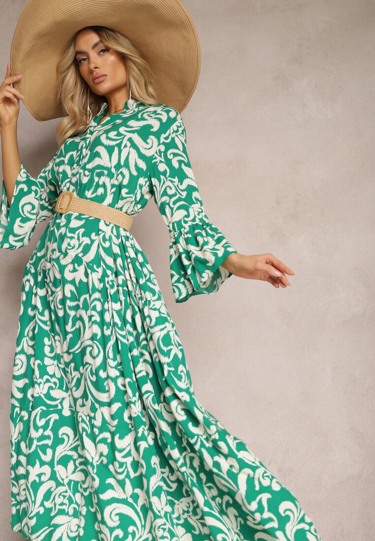  Rochie Evazată Verde din Viscoză cu Model Ornamental Irlilena