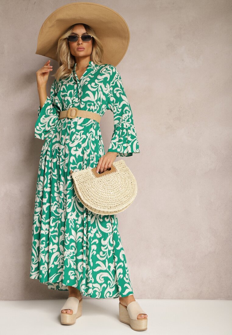  Rochie Evazată Verde din Viscoză cu Model Ornamental Irlilena