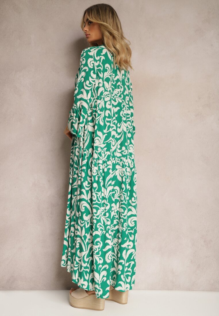 Rochie Evazată Verde din Viscoză cu Model Ornamental Irlilena
