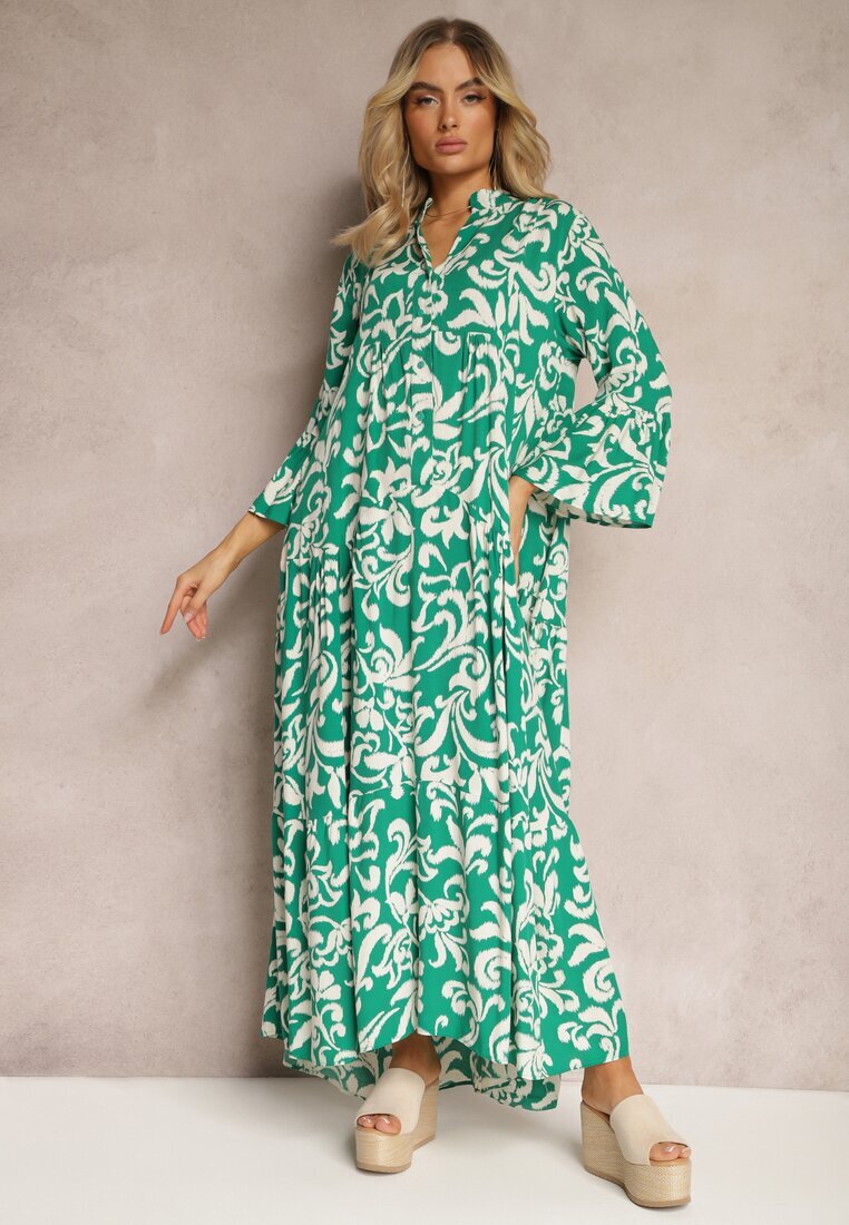  Rochie Evazată Verde din Viscoză cu Model Ornamental Irlilena
