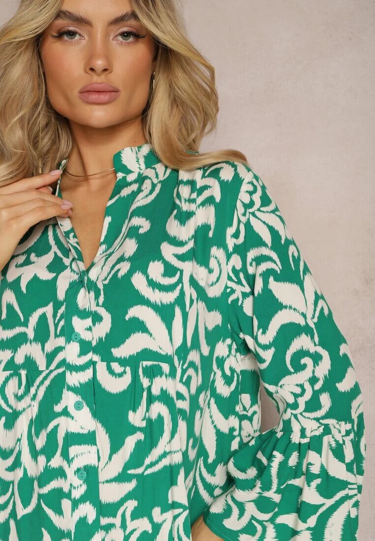  Rochie Evazată Verde din Viscoză cu Model Ornamental Irlilena