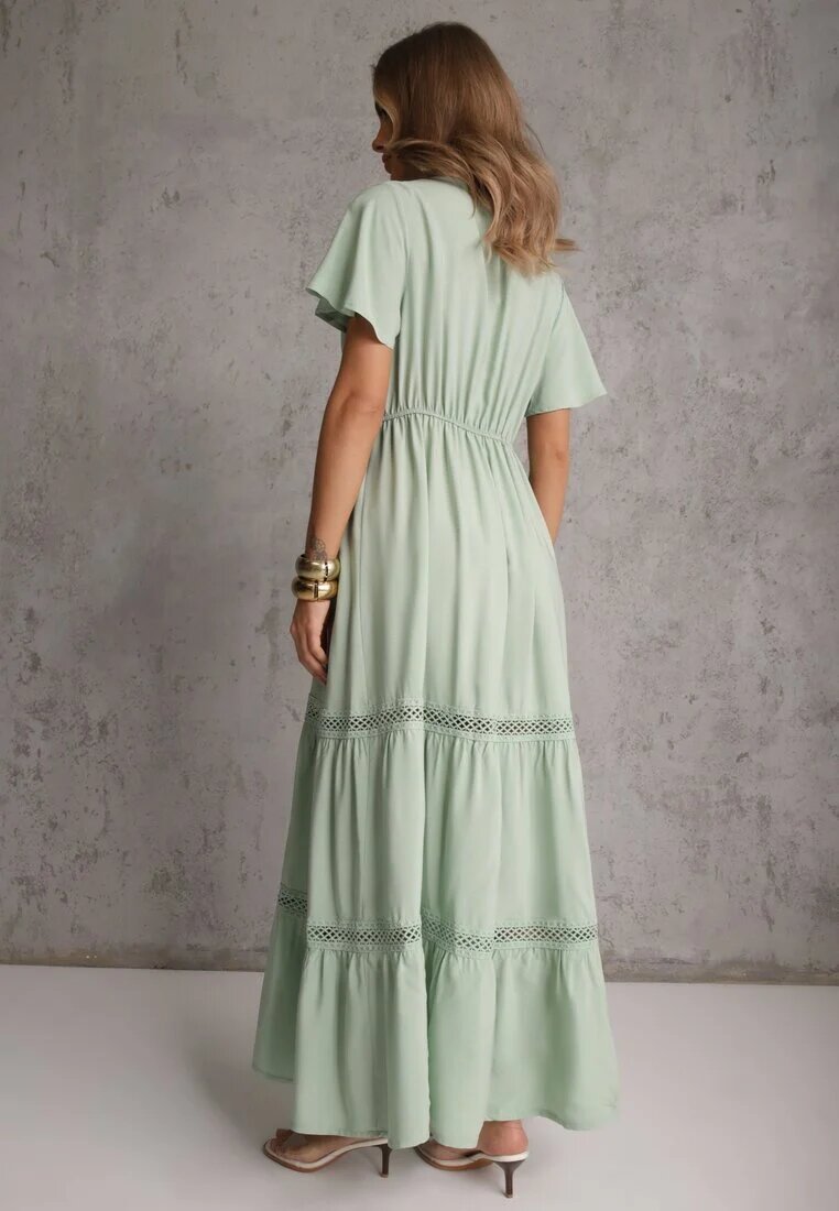  Rochie Mentă Evazată Maxi cu elastic în talie și decolteu din dantelă Cheteia