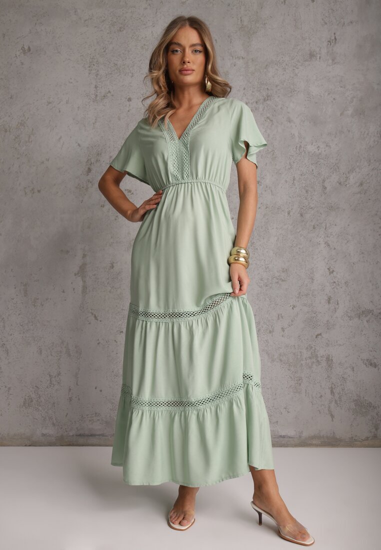  Rochie Mentă Evazată Maxi cu elastic în talie și decolteu din dantelă Cheteia