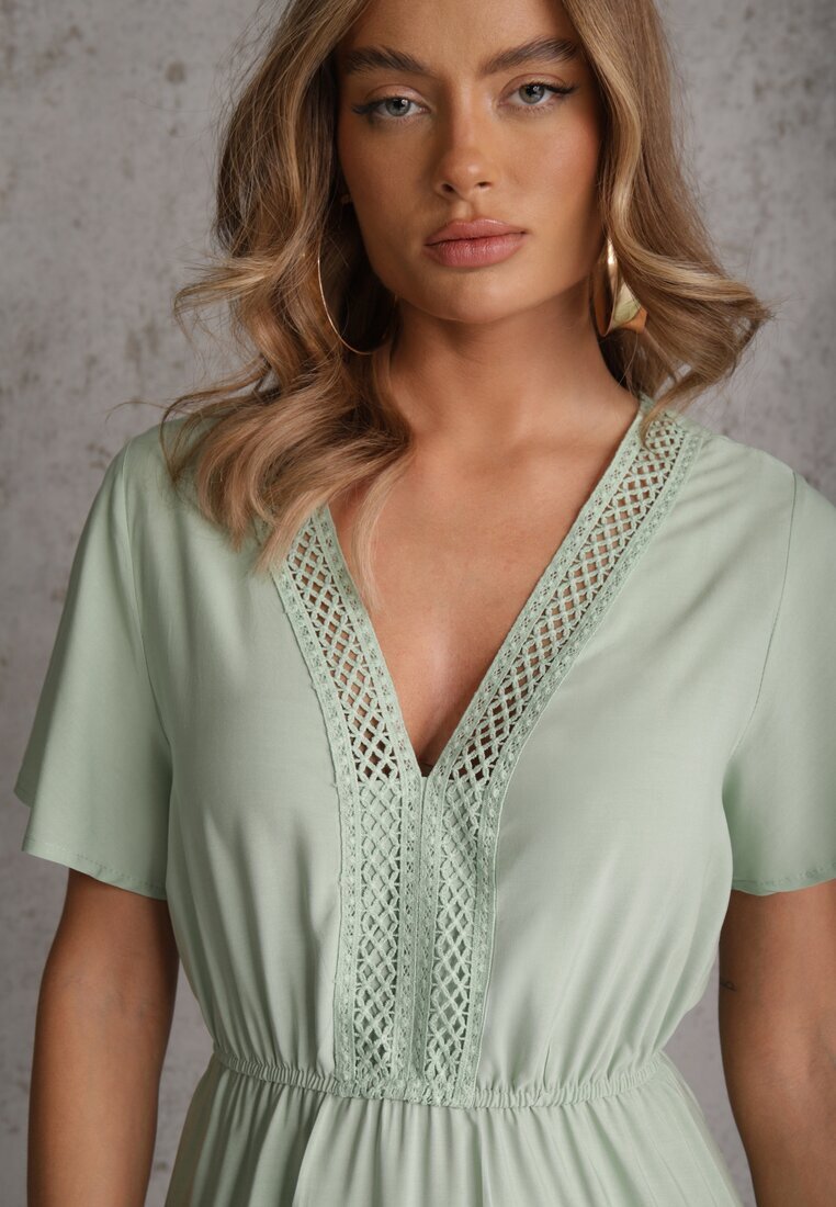  Rochie Mentă Evazată Maxi cu elastic în talie și decolteu din dantelă Cheteia