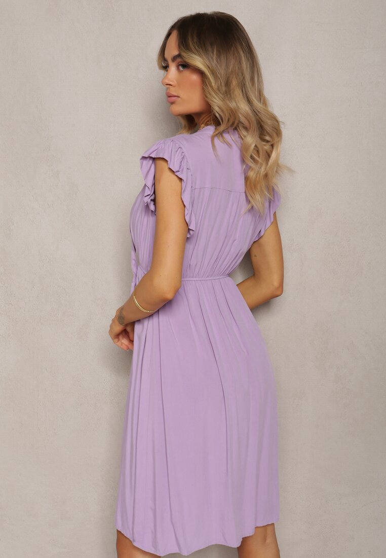  Rochie Mov Evazată cu elastic în talie și legătură la decolteu Naque