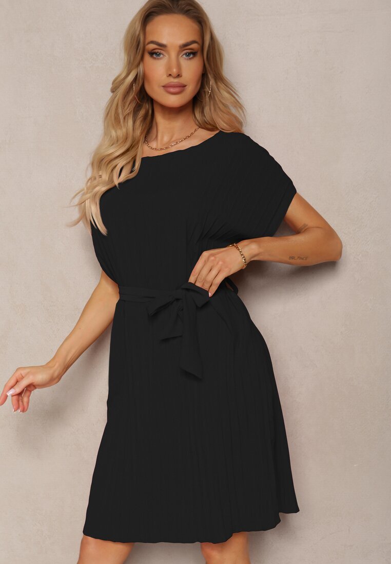  Rochie neagră casuală plisată legată în talie cu cordon Biozetta