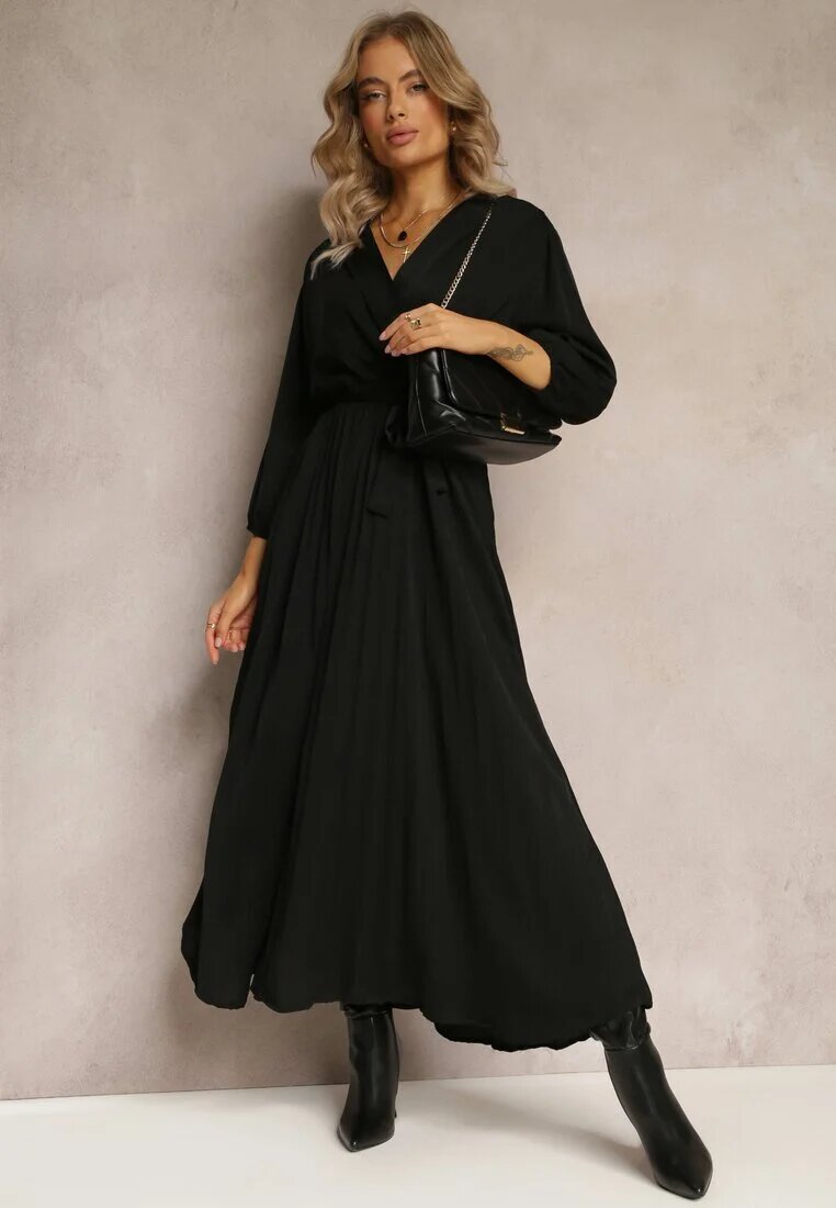  Rochie Neagră Plic cu elastic și curea în talie decorată cu pliuri Kaylina
